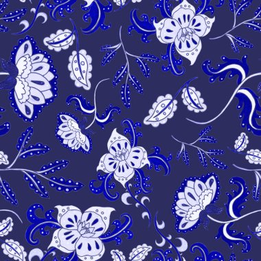 Suluboya desensiz, folky çiçekli ve yapraklı, etnik tarzda. Çiçek süsleme. Geleneksel şal deseni. Tekstil tasarım dokusu. Kabilesel etnik klasik dikişsiz model..