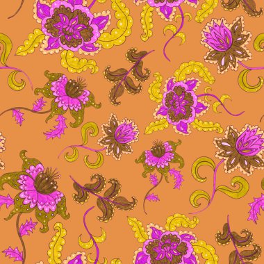 Suluboya desensiz, folky çiçekli ve yapraklı, etnik tarzda. Çiçek süsleme. Geleneksel şal deseni. Tekstil tasarım dokusu. Kabilesel etnik klasik dikişsiz model..