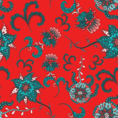 Suluboya desensiz, folky çiçekli ve yapraklı, etnik tarzda. Çiçek süsleme. Geleneksel şal deseni. Tekstil tasarım dokusu. Kabilesel etnik klasik dikişsiz model..