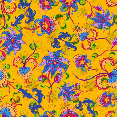 Suluboya desensiz, folky çiçekli ve yapraklı, etnik tarzda. Çiçek süsleme. Geleneksel şal deseni. Tekstil tasarım dokusu. Kabilesel etnik klasik dikişsiz model..