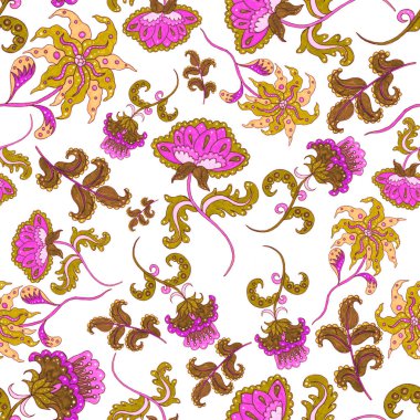 Suluboya desensiz, folky çiçekli ve yapraklı, etnik tarzda. Çiçek süsleme. Geleneksel şal deseni. Tekstil tasarım dokusu. Kabilesel etnik klasik dikişsiz model..