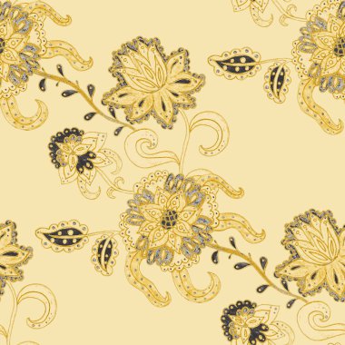 Suluboya desensiz, folky çiçekli ve yapraklı, etnik tarzda. Çiçek süsleme. Geleneksel şal deseni. Tekstil tasarım dokusu. Kabilesel etnik klasik dikişsiz model..