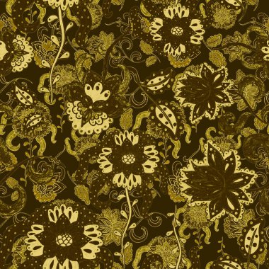 Suluboya desensiz, folky çiçekli ve yapraklı, etnik tarzda. Çiçek süsleme. Geleneksel şal deseni. Tekstil tasarım dokusu. Kabilesel etnik klasik dikişsiz model..