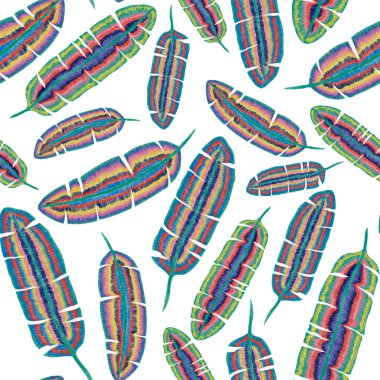 Yaratıcı renkli tropikal yaprakları olan modern, soyut, pürüzsüz desen. Geçmişe dönük parlak yaz geçmişi. Orman yaprakları çizimi. Mayo botanik tasarımı. Antika egzotik baskı.