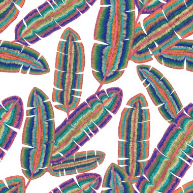 Yaratıcı renkli tropikal yaprakları olan modern, soyut, pürüzsüz desen. Geçmişe dönük parlak yaz geçmişi. Orman yaprakları çizimi. Mayo botanik tasarımı. Antika egzotik baskı.