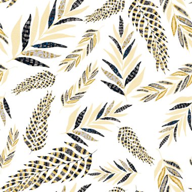 Yaratıcı renkli tropikal yaprakları olan modern, soyut, pürüzsüz desen. Geçmişe dönük parlak yaz geçmişi. Orman yaprakları çizimi. Mayo botanik tasarımı. Antika egzotik baskı.