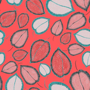 Yaratıcı renkli tropikal yaprakları olan modern, soyut, pürüzsüz desen. Geçmişe dönük parlak yaz geçmişi. Orman yaprakları çizimi. Mayo botanik tasarımı. Antika egzotik baskı.