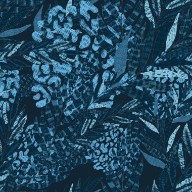 Yaratıcı renkli tropikal yaprakları ve leopar benekleri olan modern soyut ve pürüzsüz desen. Geçmişe dönük parlak yaz geçmişi. Orman yaprakları çizimi. Mayo botanik tasarımı. Antika egzotik baskı.