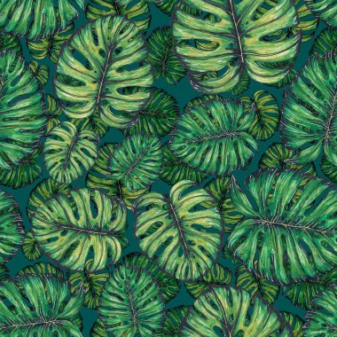 Tropikal yapraklarla suluboya kusursuz desen. Elle çizilmiş egzotik bitkilerle çok güzel bir iz. Mayo botanik tasarımı.