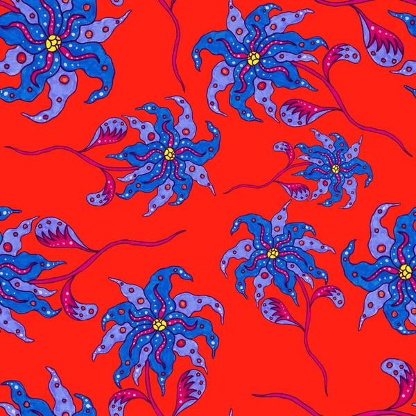 Suluboya desensiz, folky çiçekli ve yapraklı, etnik tarzda. Çiçek süsleme. Geleneksel şal deseni. Tekstil tasarım dokusu. Kabilesel etnik klasik dikişsiz model..