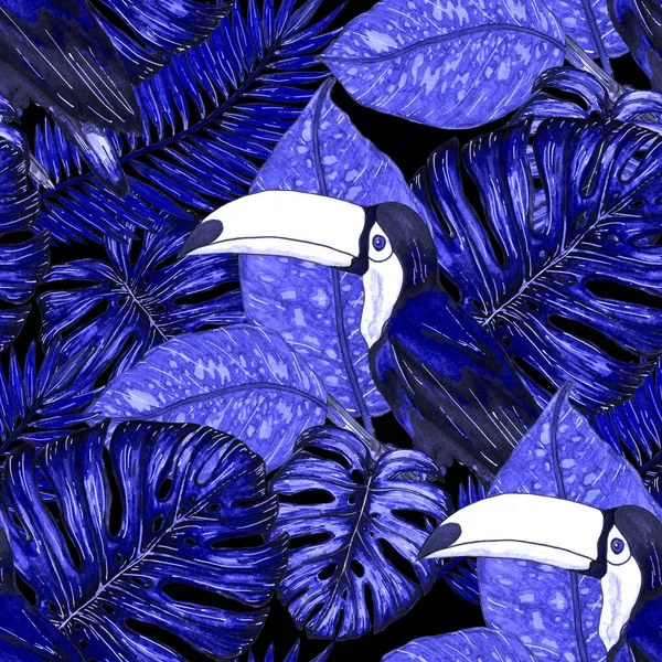 Акварель Бесшовный Узор Туканом Экзотические Ботанические Джунгли Обои Тропической Птицей — стоковое фото