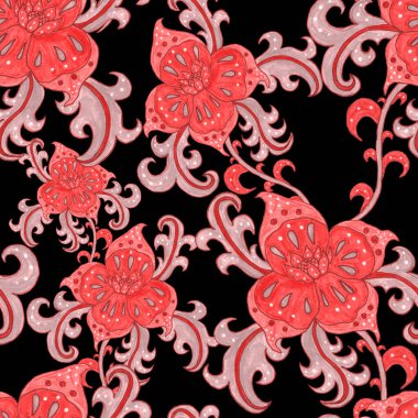 Suluboya desensiz, folky çiçekli ve yapraklı, etnik tarzda. Çiçek süsleme. Geleneksel şal deseni. Tekstil tasarım dokusu. Kabilesel etnik klasik dikişsiz model..