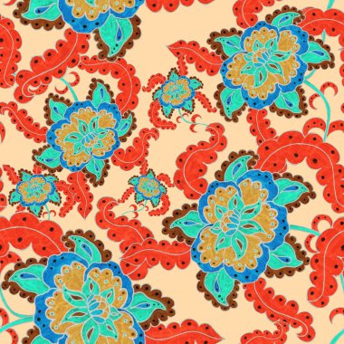 Suluboya desensiz, folky çiçekli ve yapraklı, etnik tarzda. Çiçek süsleme. Geleneksel şal deseni. Tekstil tasarım dokusu. Kabilesel etnik klasik dikişsiz model..