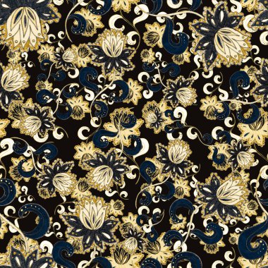 Suluboya desensiz, folky çiçekli ve yapraklı, etnik tarzda. Çiçek süsleme. Geleneksel şal deseni. Tekstil tasarım dokusu. Kabilesel etnik klasik dikişsiz model..