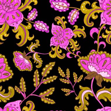 Suluboya desensiz, folky çiçekli ve yapraklı, etnik tarzda. Çiçek süsleme. Geleneksel şal deseni. Tekstil tasarım dokusu. Kabilesel etnik klasik dikişsiz model..