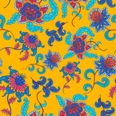 Suluboya desensiz, folky çiçekli ve yapraklı, etnik tarzda. Çiçek süsleme. Geleneksel şal deseni. Tekstil tasarım dokusu. Kabilesel etnik klasik dikişsiz model..