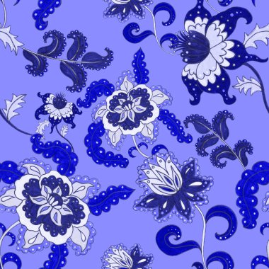 Suluboya desensiz, folky çiçekli ve yapraklı, etnik tarzda. Çiçek süsleme. Geleneksel şal deseni. Tekstil tasarım dokusu. Kabilesel etnik klasik dikişsiz model..