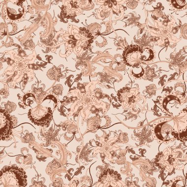 Suluboya desensiz, folky çiçekli ve yapraklı, etnik tarzda. Çiçek süsleme. Geleneksel şal deseni. Tekstil tasarım dokusu. Kabilesel etnik klasik dikişsiz model..