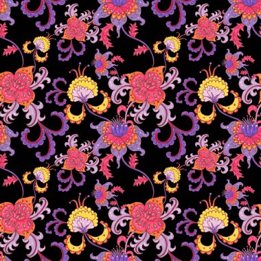 Suluboya desensiz, folky çiçekli ve yapraklı, etnik tarzda. Çiçek süsleme. Geleneksel şal deseni. Tekstil tasarım dokusu. Kabilesel etnik klasik dikişsiz model..