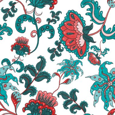 Suluboya desensiz, folky çiçekli ve yapraklı, etnik tarzda. Çiçek süsleme. Geleneksel şal deseni. Tekstil tasarım dokusu. Kabilesel etnik klasik dikişsiz model..