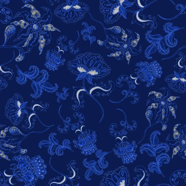 Suluboya desensiz, folky çiçekli ve yapraklı, etnik tarzda. Çiçek süsleme. Geleneksel şal deseni. Tekstil tasarım dokusu. Kabilesel etnik klasik dikişsiz model..