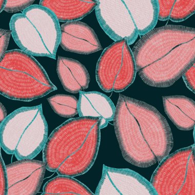 Yaratıcı renkli tropikal yaprakları olan modern, soyut, pürüzsüz desen. Geçmişe dönük parlak yaz geçmişi. Orman yaprakları çizimi. Mayo botanik tasarımı. Antika egzotik baskı.