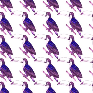 Tukanla dikişsiz suluboya desen. Tropik kuşlu ve yapraklı egzotik botanik orman duvar kağıdı. Parlak yaz şablonu geçmişi.