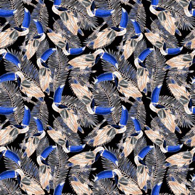 Tukanla dikişsiz suluboya desen. Tropik kuşlu ve yapraklı egzotik botanik orman duvar kağıdı. Parlak yaz şablonu geçmişi.