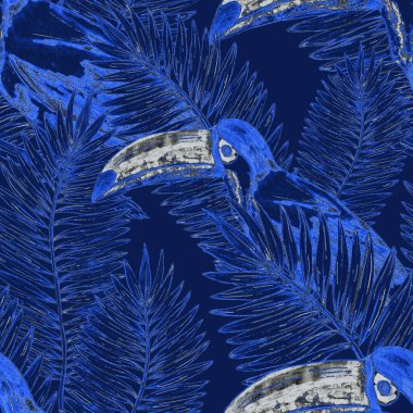 Tukanla dikişsiz suluboya desen. Tropik kuşlu ve yapraklı egzotik botanik orman duvar kağıdı. Parlak yaz şablonu geçmişi.