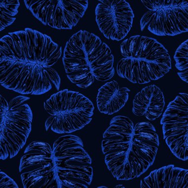 Tropikal yapraklarla suluboya kusursuz desen. Elle çizilmiş egzotik bitkilerle çok güzel bir iz. Mayo botanik tasarımı.