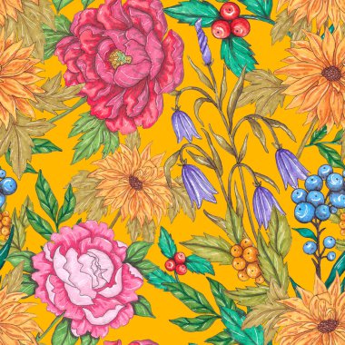 Çiçek buketli suluboya desenli. Klasik botanik çizimi. Her türlü tasarım için zarif bir dekorasyon. Renkli ve soyut çiçekli moda baskısı. Suluboya dokusu.