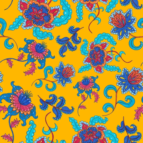 Suluboya desensiz, folky çiçekli ve yapraklı, etnik tarzda. Çiçek süsleme. Geleneksel şal deseni. Tekstil tasarım dokusu. Kabilesel etnik klasik dikişsiz model..