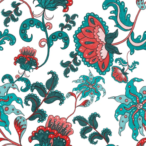 Suluboya desensiz, folky çiçekli ve yapraklı, etnik tarzda. Çiçek süsleme. Geleneksel şal deseni. Tekstil tasarım dokusu. Kabilesel etnik klasik dikişsiz model..