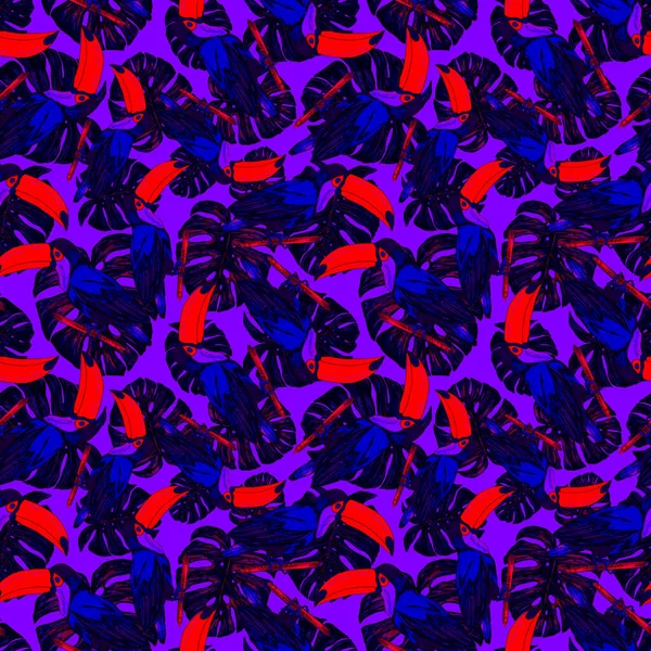 Akvarel Sømløse Mønster Med Toucan Eksotisk Botanisk Jungle Tapet Med - Stock-foto