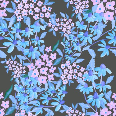 Bahar çiçekleriyle suluboya kusursuz desen. Klasik botanik çizimi. Her türlü tasarım için zarif bir dekorasyon. Renkli ve soyut çiçekli moda baskısı. Suluboya dokusu.