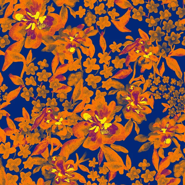 Bahar çiçekleriyle suluboya kusursuz desen. Klasik botanik çizimi. Her türlü tasarım için zarif bir dekorasyon. Renkli ve soyut çiçekli moda baskısı. Suluboya dokusu.