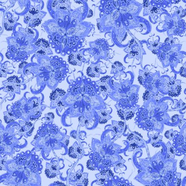 Suluboya desensiz, folky çiçekli ve yapraklı, etnik tarzda. Çiçek süsleme. Geleneksel şal deseni. Tekstil tasarım dokusu. Kabilesel etnik klasik dikişsiz model..