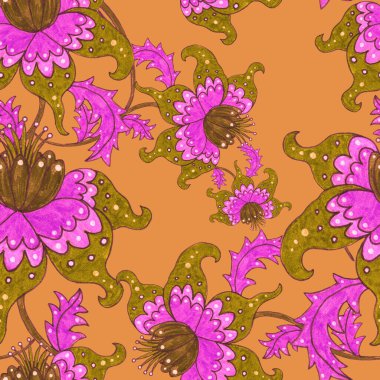 Suluboya desensiz, folky çiçekli ve yapraklı, etnik tarzda. Çiçek süsleme. Geleneksel şal deseni. Tekstil tasarım dokusu. Kabilesel etnik klasik dikişsiz model..