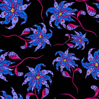 Suluboya desensiz, folky çiçekli ve yapraklı, etnik tarzda. Çiçek süsleme. Geleneksel şal deseni. Tekstil tasarım dokusu. Kabilesel etnik klasik dikişsiz model..