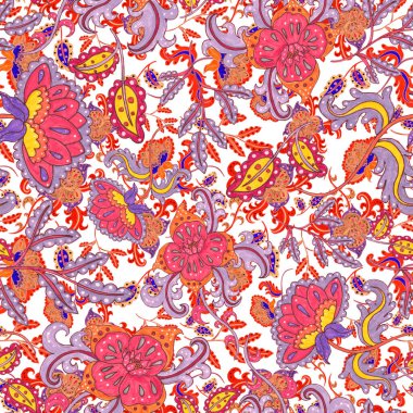 Suluboya desensiz, folky çiçekli ve yapraklı, etnik tarzda. Çiçek süsleme. Geleneksel şal deseni. Tekstil tasarım dokusu. Kabilesel etnik klasik dikişsiz model..