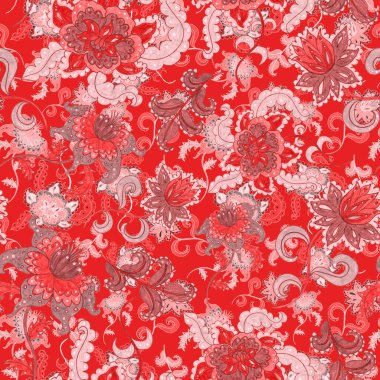 Suluboya desensiz, folky çiçekli ve yapraklı, etnik tarzda. Çiçek süsleme. Geleneksel şal deseni. Tekstil tasarım dokusu. Kabilesel etnik klasik dikişsiz model..