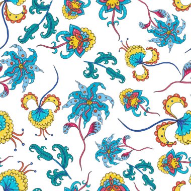 Suluboya desensiz, folky çiçekli ve yapraklı, etnik tarzda. Çiçek süsleme. Geleneksel şal deseni. Tekstil tasarım dokusu. Kabilesel etnik klasik dikişsiz model..