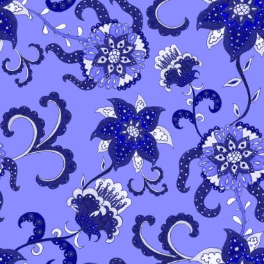 Suluboya desensiz, folky çiçekli ve yapraklı, etnik tarzda. Çiçek süsleme. Geleneksel şal deseni. Tekstil tasarım dokusu. Kabilesel etnik klasik dikişsiz model..