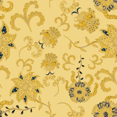 Suluboya desensiz, folky çiçekli ve yapraklı, etnik tarzda. Çiçek süsleme. Geleneksel şal deseni. Tekstil tasarım dokusu. Kabilesel etnik klasik dikişsiz model..