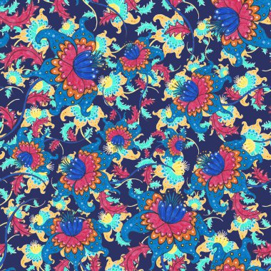 Suluboya desensiz, folky çiçekli ve yapraklı, etnik tarzda. Çiçek süsleme. Geleneksel şal deseni. Tekstil tasarım dokusu. Kabilesel etnik klasik dikişsiz model..