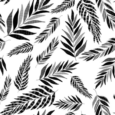 Yaratıcı renkli tropikal yaprakları olan modern, soyut, pürüzsüz desen. Geçmişe dönük parlak yaz geçmişi. Orman yaprakları çizimi. Mayo botanik tasarımı. Antika egzotik baskı.
