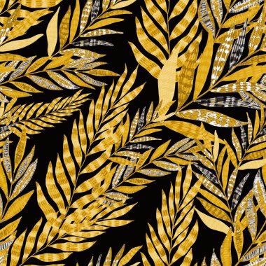 Yaratıcı renkli tropikal yaprakları olan modern, soyut, pürüzsüz desen. Geçmişe dönük parlak yaz geçmişi. Orman yaprakları çizimi. Mayo botanik tasarımı. Antika egzotik baskı.