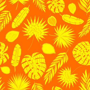 Yaratıcı renkli tropikal yaprakları olan modern, soyut, pürüzsüz desen. Geçmişe dönük parlak yaz geçmişi. Orman yaprakları çizimi. Mayo botanik tasarımı. Antika egzotik baskı.