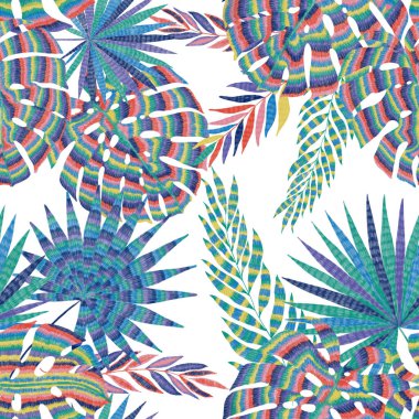 Yaratıcı renkli tropikal yaprakları olan modern, soyut, pürüzsüz desen. Geçmişe dönük parlak yaz geçmişi. Orman yaprakları çizimi. Mayo botanik tasarımı. Antika egzotik baskı.