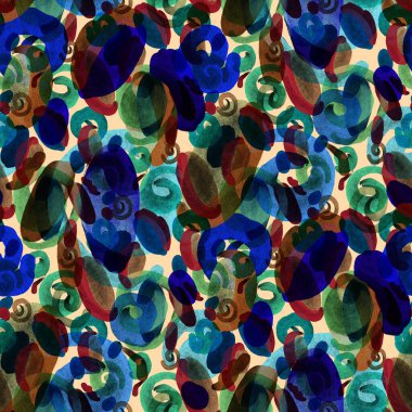 Suluboya, soyut, kusursuz desen. Parlak el yapımı elementlerle yaratıcı doku. Soyut renkli yazdırma.